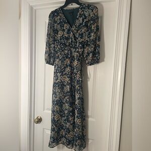 Ann Taylor Deep Teal and Beige Floral Long Sleeve Dress